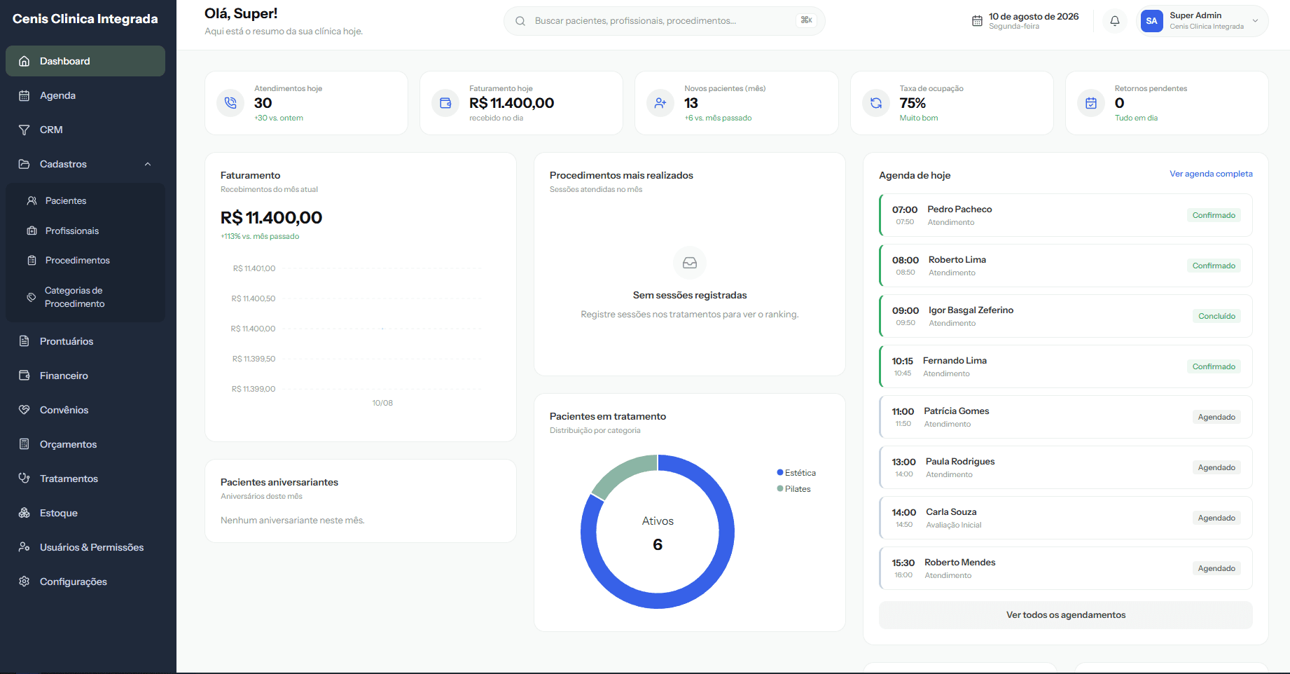 Sistema de gestão para clínicas; visão desktop